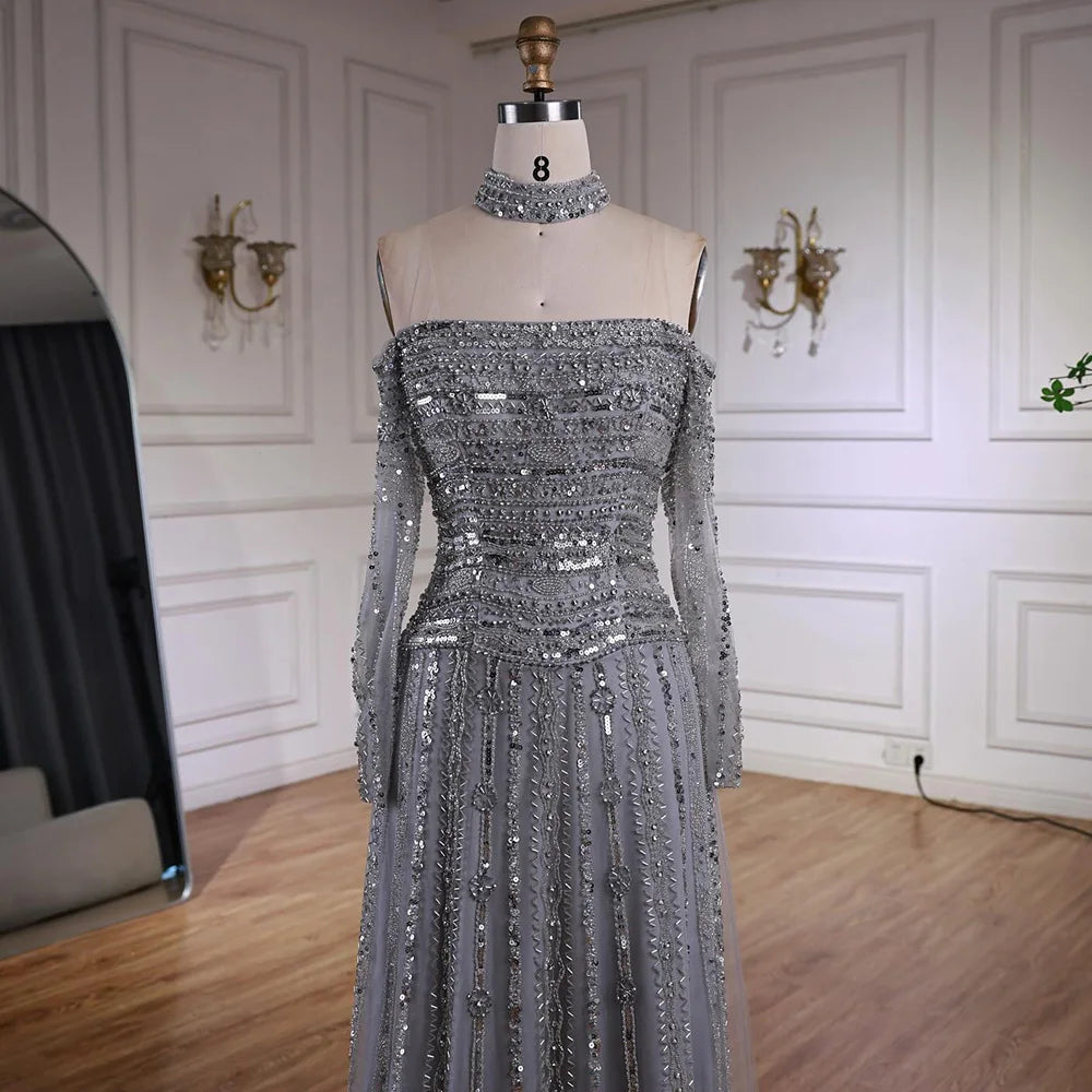 Luxury Caramel Off Shoulder Beaded Mermaid Evening Dress Long Sleeves CLA73053
