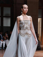 Luxury Silver Chiffon Cape Evening Dress with Beaded Bodice LA73123
