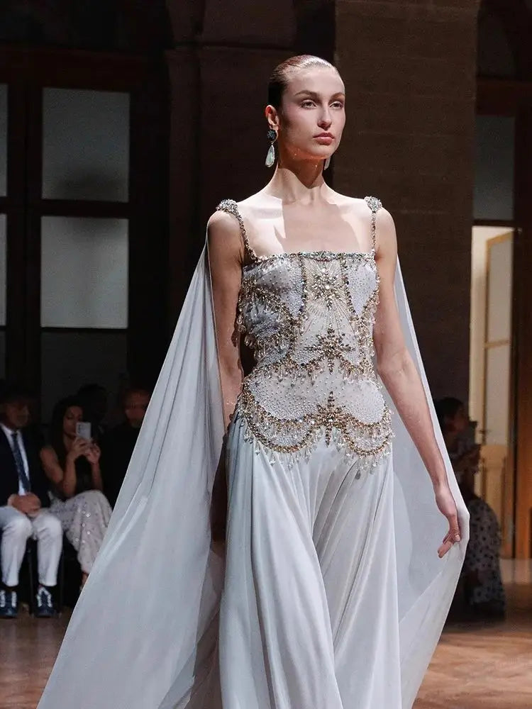 Luxury Silver Chiffon Cape Evening Dress with Beaded Bodice LA73123