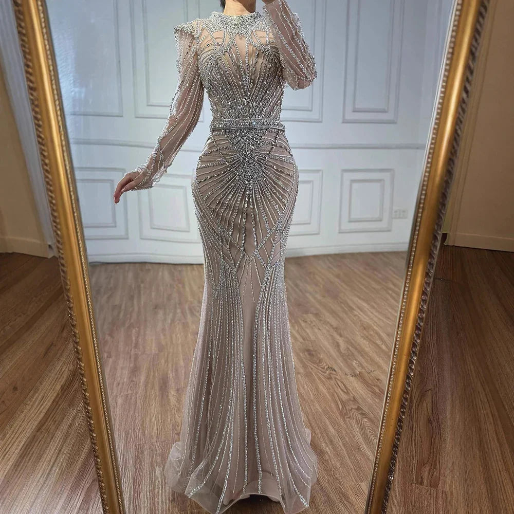 Modest Caramel High Collar Evening Dress For Women Wedding Party CLA73203
