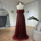 Luxury Nude A-Line Pearls Off Shoulder Evening Dress CLA72738A