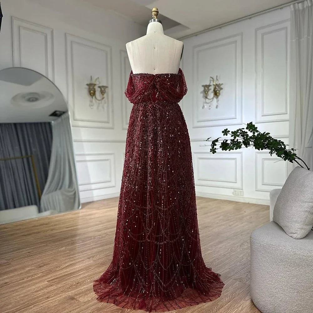 Luxury Nude A-Line Pearls Off Shoulder Evening Dress CLA72738A
