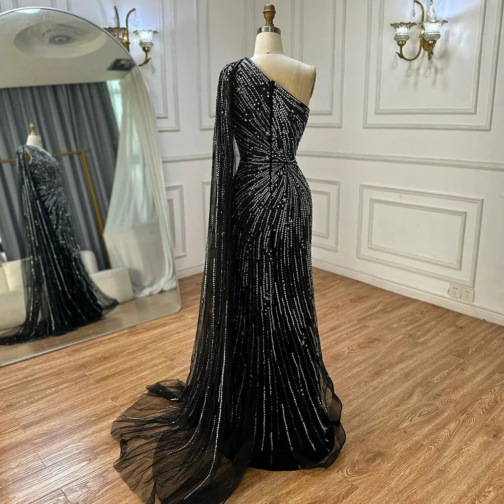 Luxury Black One Shoulder Mermaid Evening Dress with High Slit CLA72829