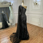 Luxury Black One Shoulder Mermaid Evening Dress with High Slit CLA72829