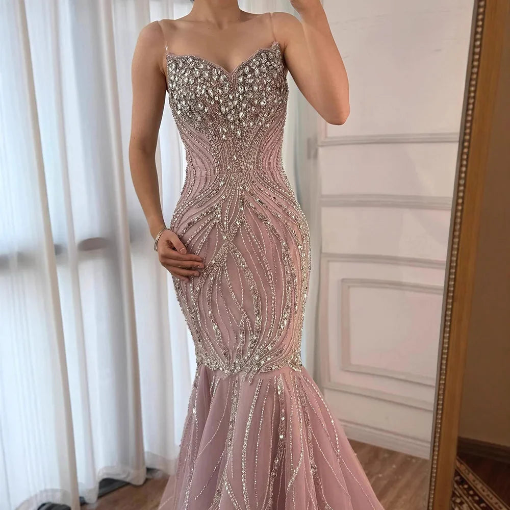 Arabic Luxury Beaded Mermaid Strapless Evening Dress CLA73124
