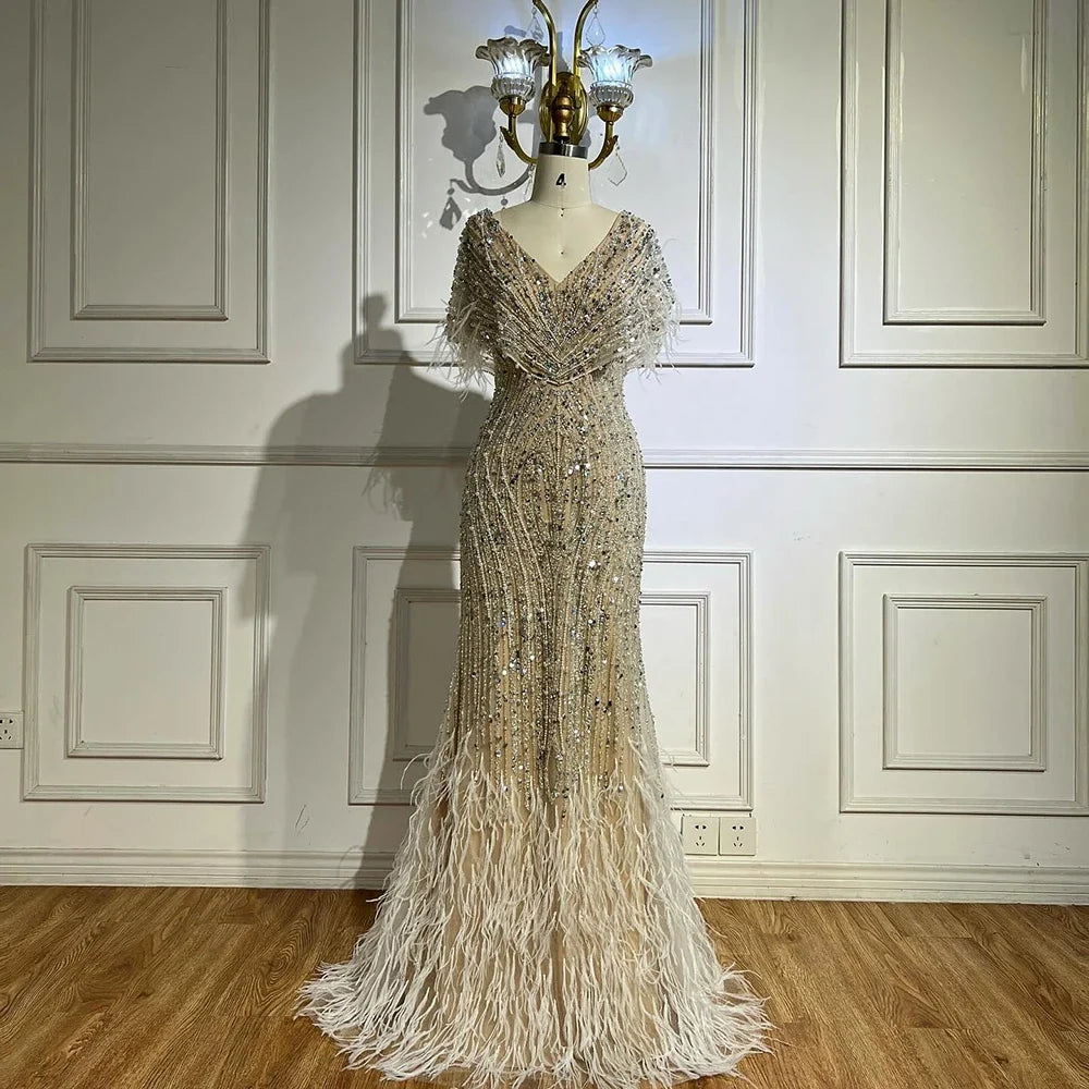 Arabic Pearls Beaded Feathers Mermaid Evening Dress Elegant For Women Wedding Party CLA72837