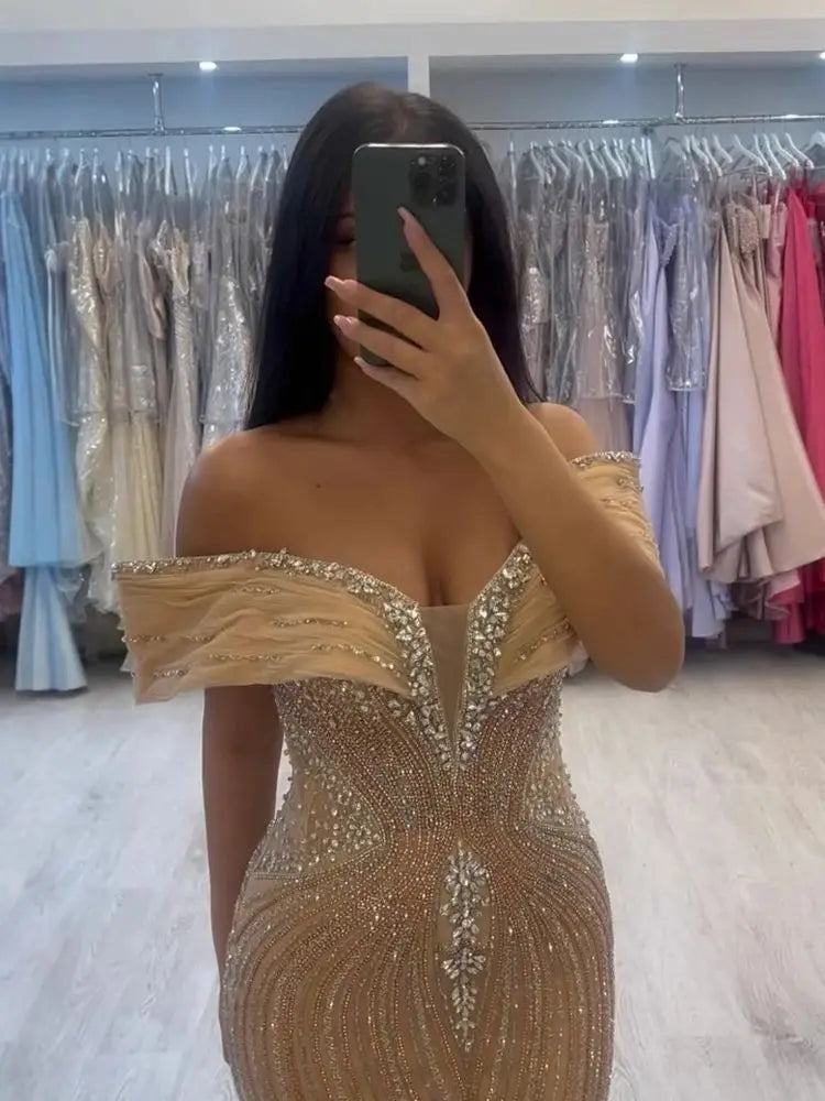 Arabic Luxury Beaded Off Shoulder Mermaid Evening Dress CLA73142A