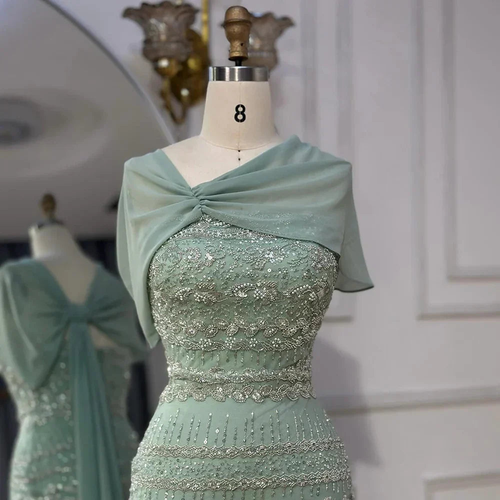 Arabic Sage Green Simple Beaded Mermaid Evening Dress With Chiffon Cape CLA72126B