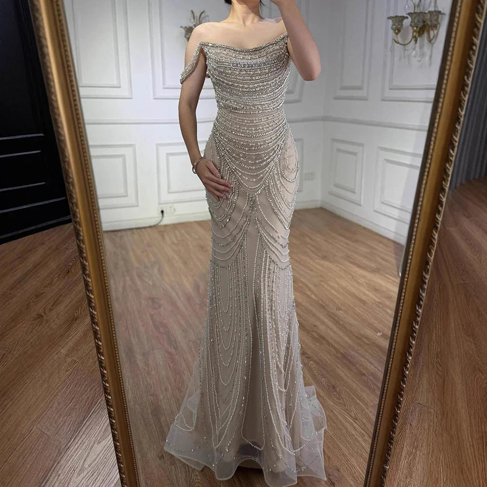 Kosovo Luxury Pearls Beaded Mermaid Off Shoulder Elegant Evening Dress CLA72253