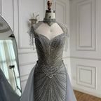 Luxury Nude Beaded Mermaid Detachable Cape Evening Dress With Overskirt CLA73182