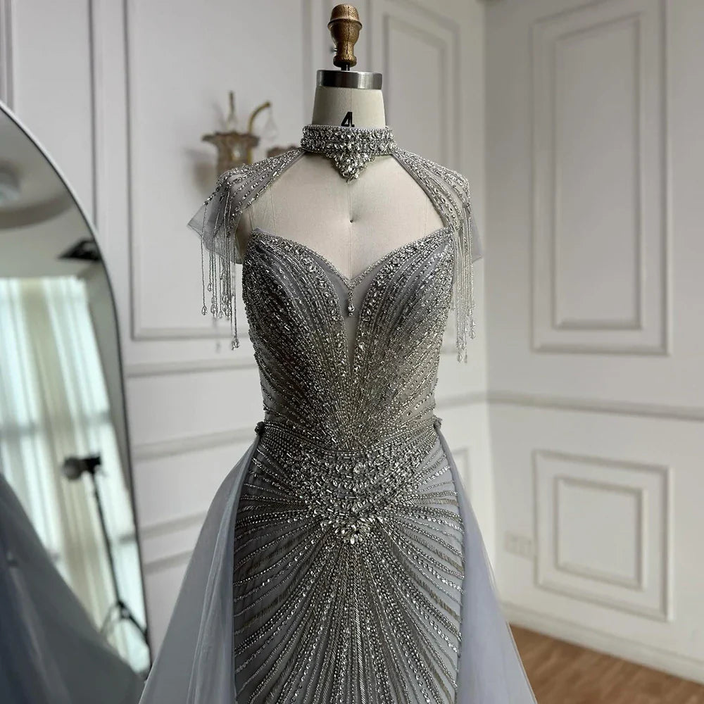 Luxury Nude Beaded Mermaid Detachable Cape Evening Dress With Overskirt CLA73182