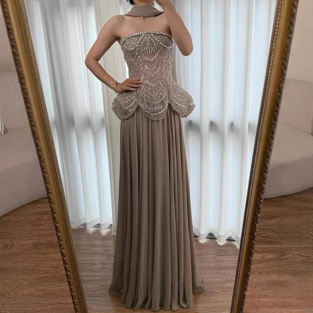 Luxury Designer Nude Beaded Chiffon Evening Dress CLA72915