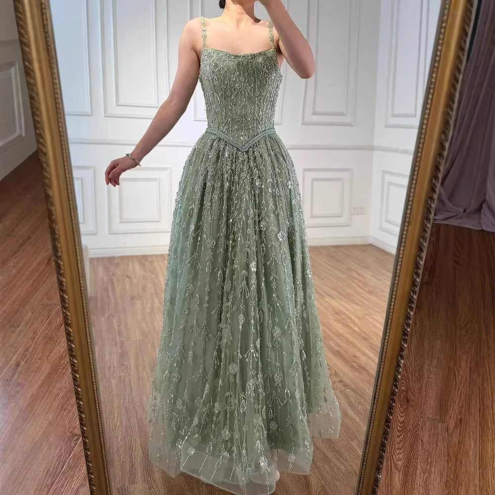 Luxury Sage Green Beaded A-Line Spaghetti Straps Evening Dress CLA72805