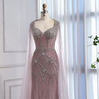 Luxury Dubai Pink Beaded Evening Dress With Cape CLA73329