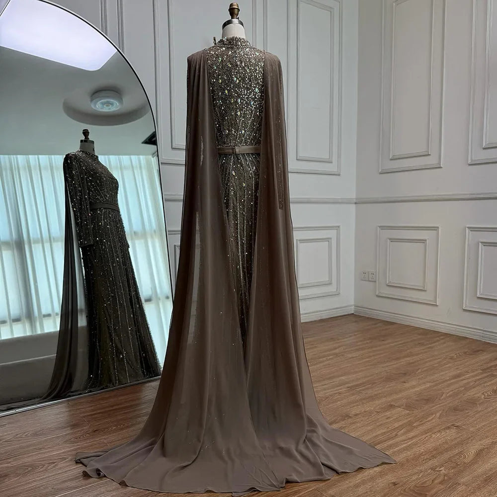 Modest Luxury Caramel Beaded Long Sleeve Evening Dress CLA72569A