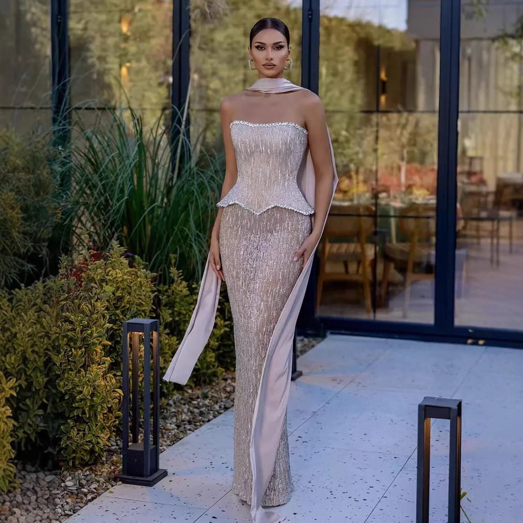 Luxury Nude Beaded Mermaid Evening Dress Strapless With Shawl CLA73076A