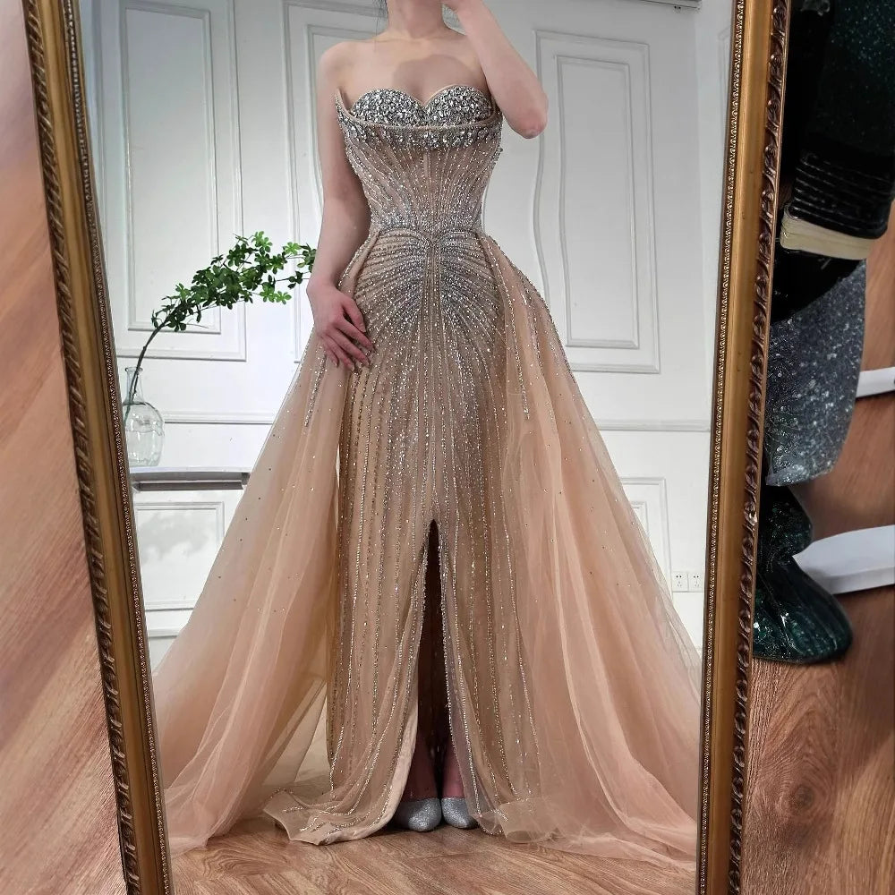 Arabic Luxury Beaded Mermaid Overskirt With Slit Strapless Evening Dress CLA72811