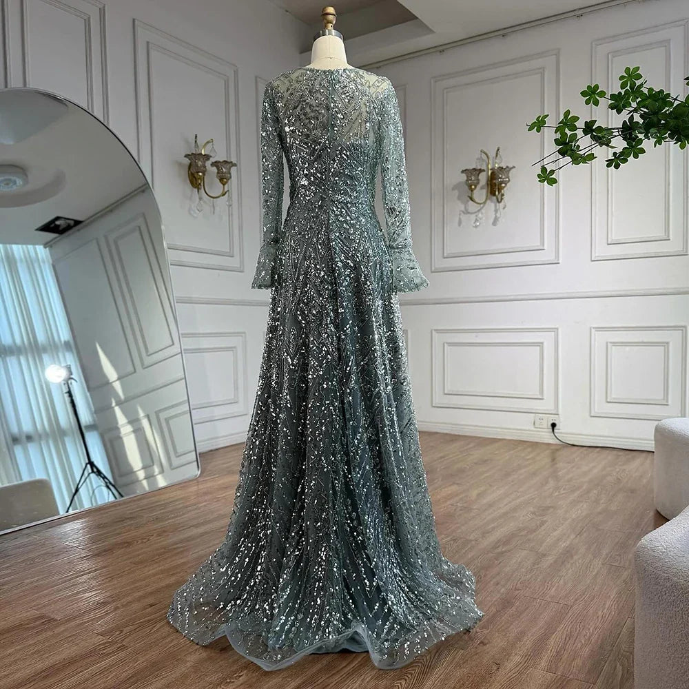 Arabic Turquoiise A-Line Flared Sleeves Simple Style Evening Dress CLA73177