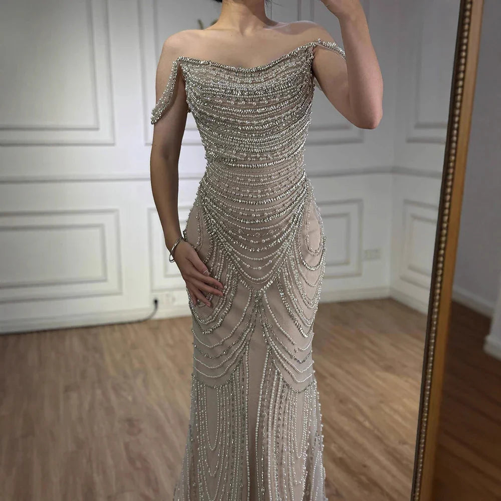 Kosovo Luxury Pearls Beaded Mermaid Off Shoulder Elegant Evening Dress CLA72253