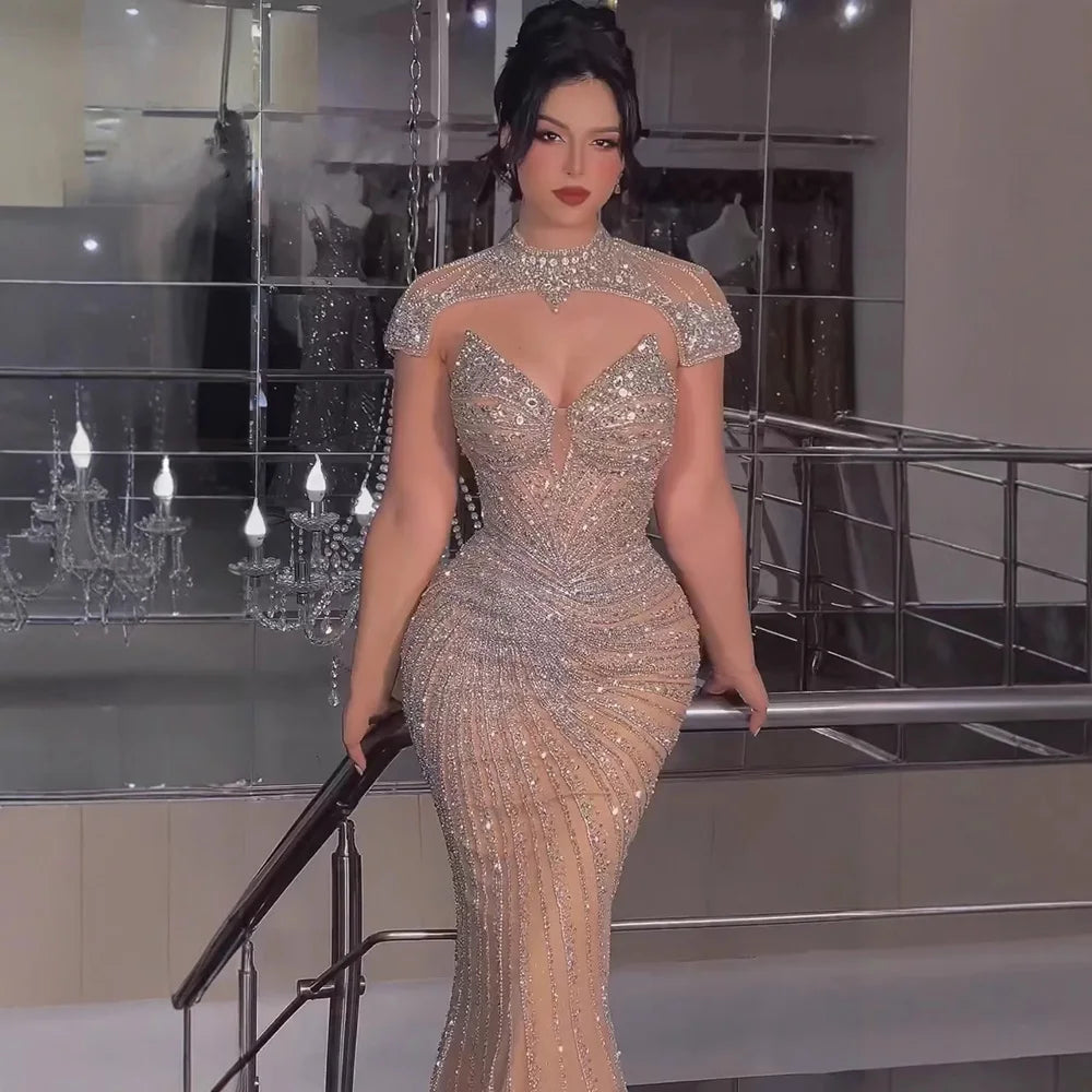 Arabic Luxury Beaded Mermaid Strapless With Detachable Cape Evening Dress CLA73087