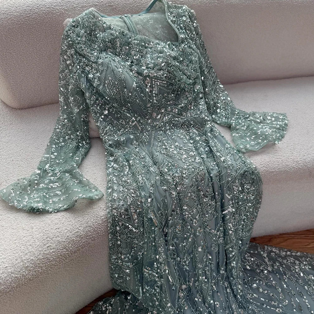 Arabic Turquoiise A-Line Flared Sleeves Simple Style Evening Dress CLA73177