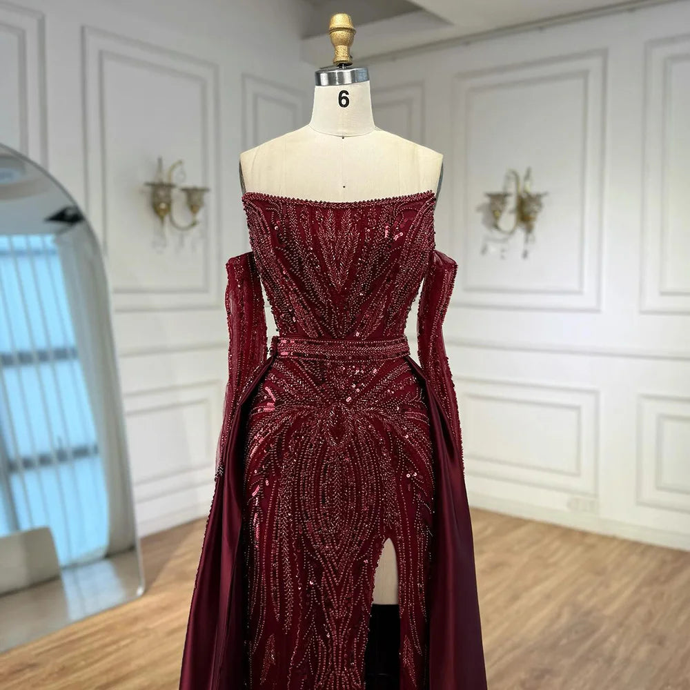 Luxury Burgundy Beaded Overskirt Evening Dress Gown With Gloves CLA72935