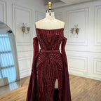 Luxury Burgundy Beaded Overskirt Evening Dress Gown With Gloves CLA72935