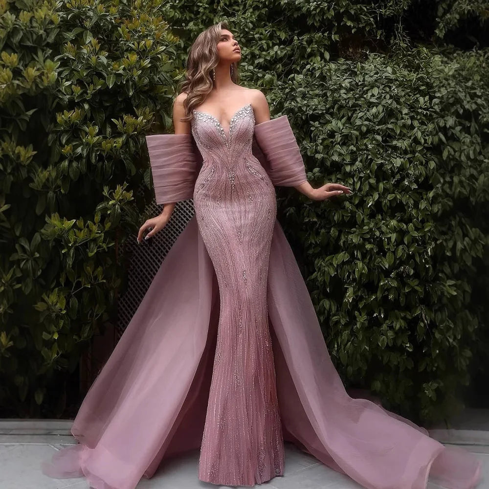 Luxury Beaded Pink Mermaid Evening Dress With Big Bow CLA73061