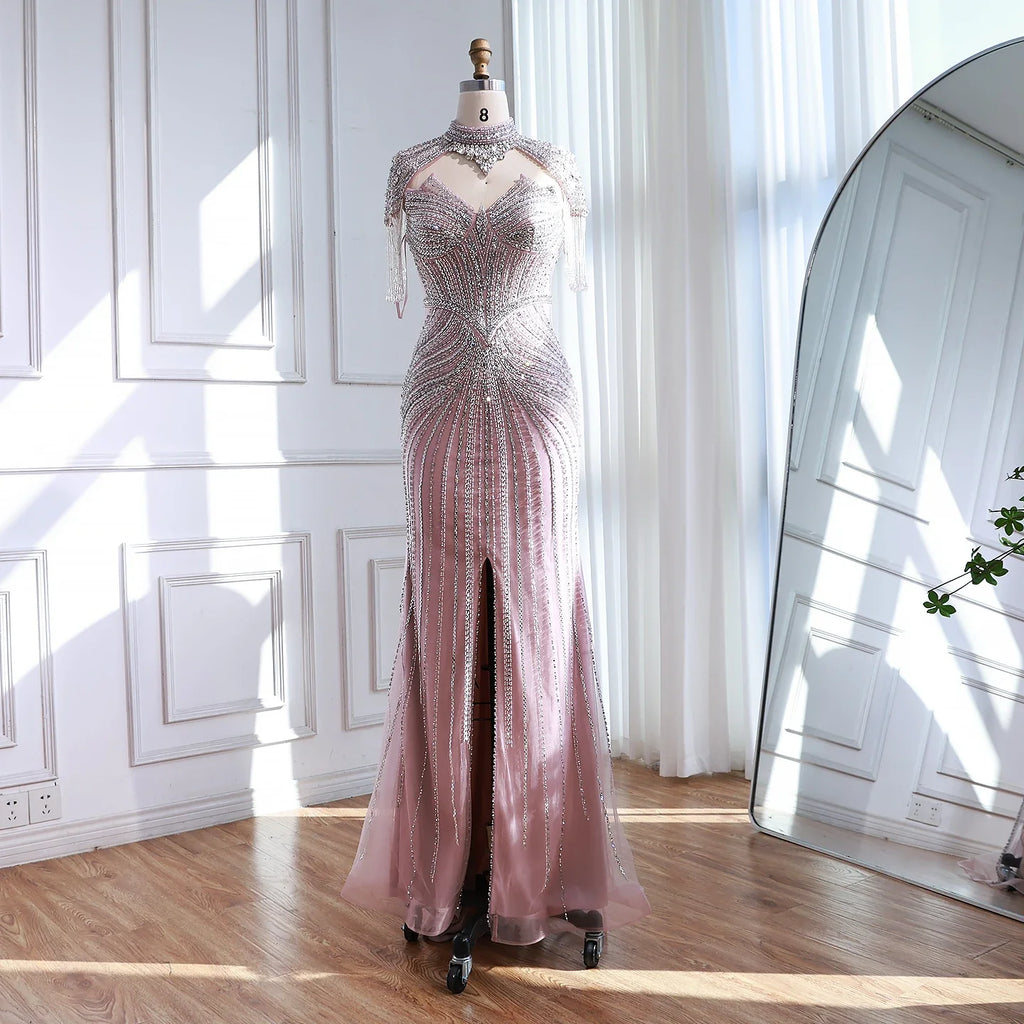 Arabic Luxury Beaded Mermaid Evening Dress With Detachable Tassels Cape CLA72891A