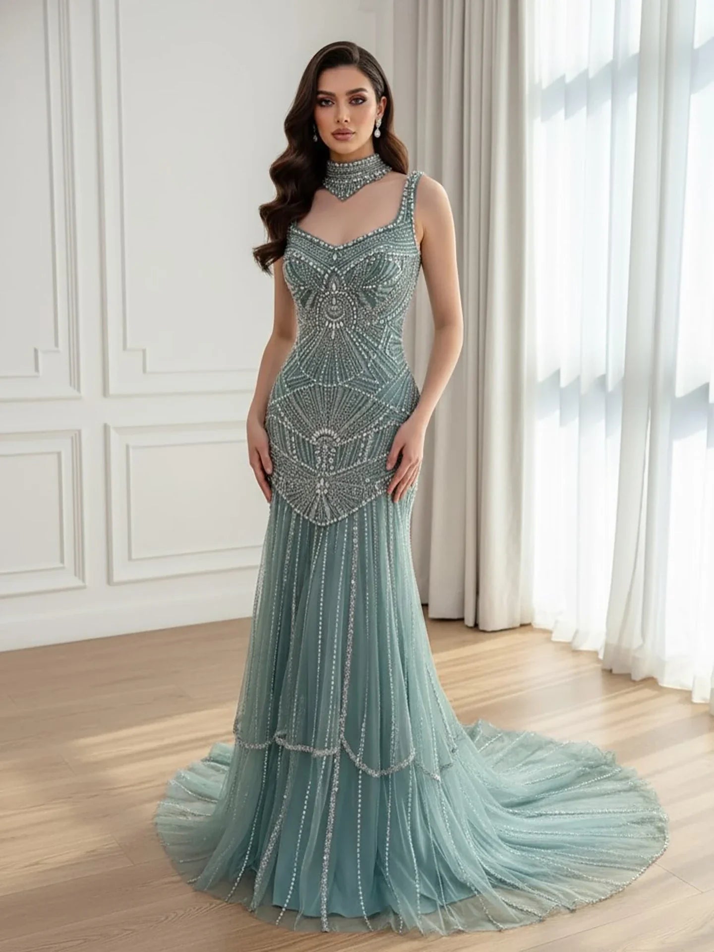 Luxury Turquoise Arabic Mermaid Beaded Evening Dress CLA73189B