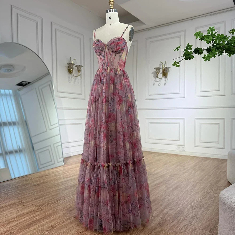 Arabic Chiffon Printed Floral Sleeveless A-Line Prom Dress CLA73149