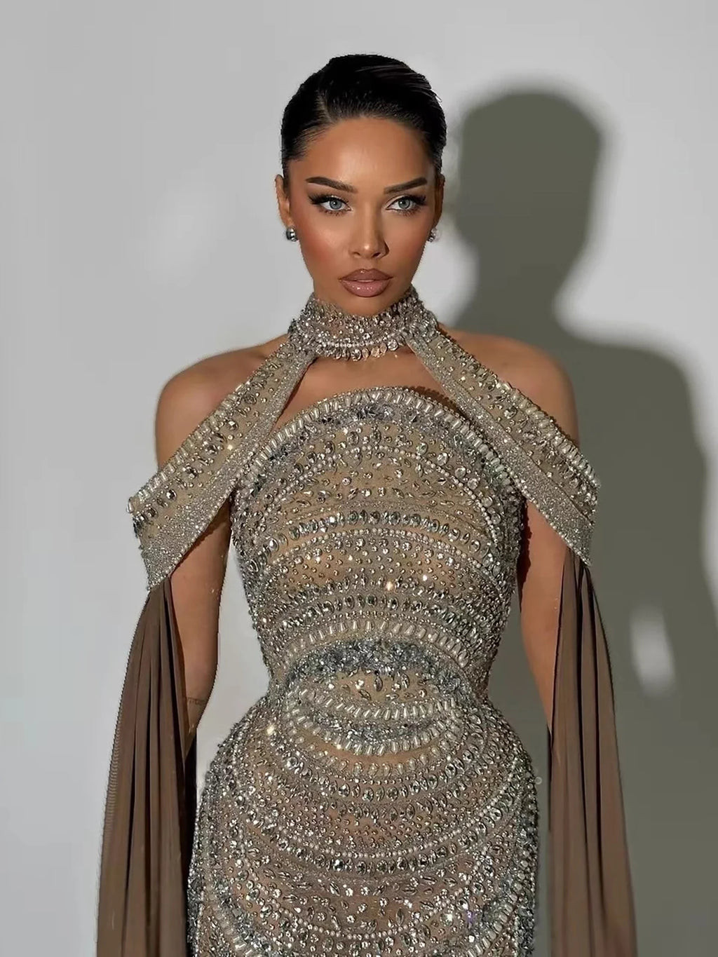 Luxury Caramel Kosovo Beaded Evening Dress Cape Sleeves CLA73344