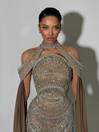 Luxury Caramel Kosovo Beaded Evening Dress Cape Sleeves CLA73344