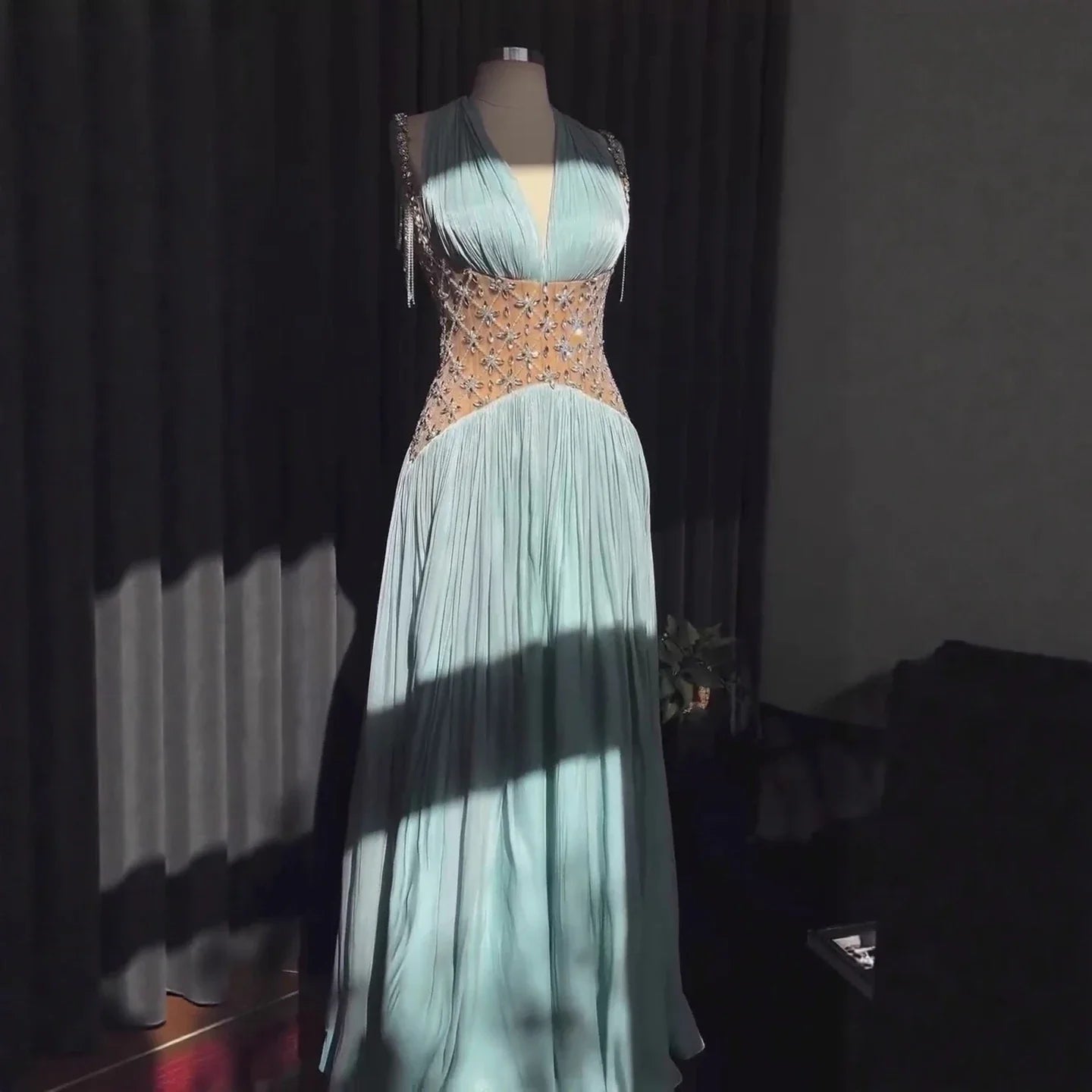 Turquoise Beaded A-Line Simple Style Evening Dress CLA73421