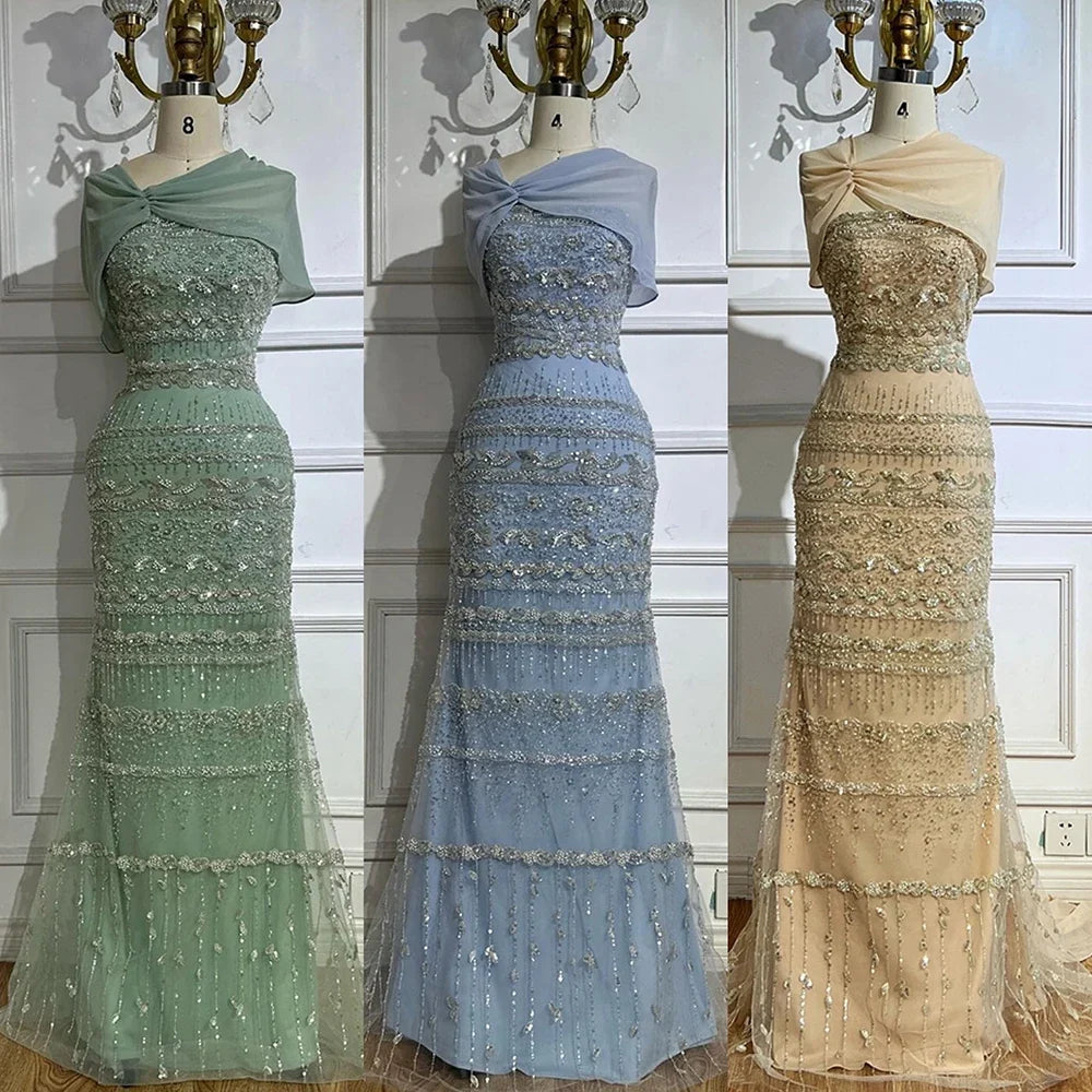 Arabic Sage Green Simple Beaded Mermaid Evening Dress With Chiffon Cape CLA72126B