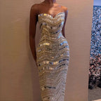 Kosovo Luxury Diamonds Full Beaded Mermaid Evening Dress Strapless Women Red Carpet Gown CLA73449