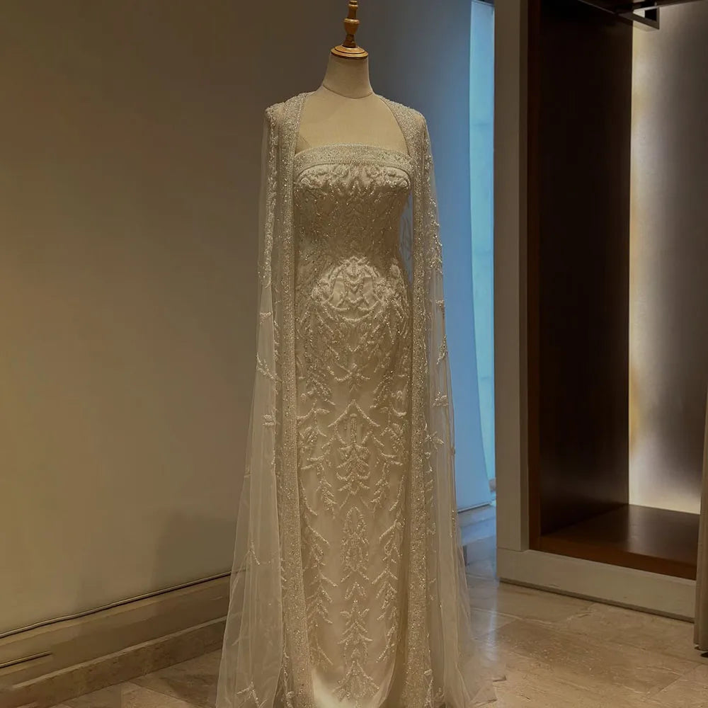 Luxury White Dubai Arabia Beaded Evening Dress With Cape CLA72870