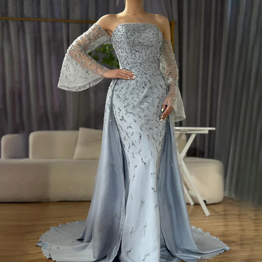 Dubai Luxury Blue Beaded Pearls Evening Gown with Overskirt CLA72705