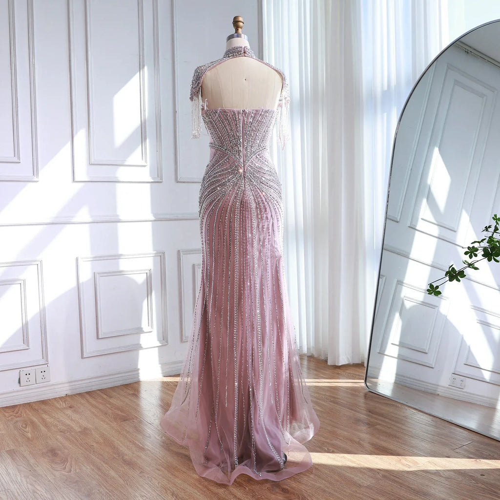 Arabic Luxury Beaded Mermaid Evening Dress With Detachable Tassels Cape CLA72891A