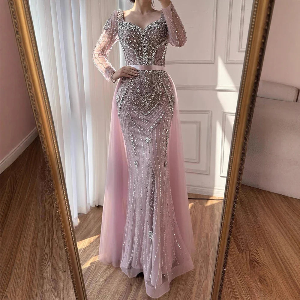 Luxury Nude Beaded Mermaid Evening Dress With Overskirt CLA73190
