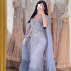 Luxury Beaded Feathers Evening Dress Mermaid With Cape Gown For Formal Occasion CLA72882