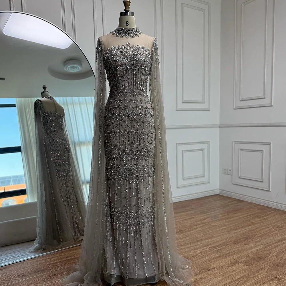 Arabic Luxury Beaded Mermaid Evening Dress Modest High Neck Cape Sleeves CLA72714A