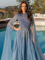 Arabic Luxury Full Beaded Modest High Neck Cape Sleeves A-Line Evening Dress CLA70066B