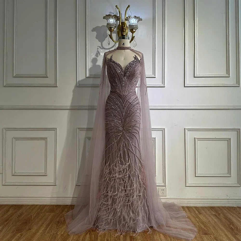 Luxury Beaded Feathers Evening Dress Mermaid With Cape Gown For Formal Occasion CLA72882