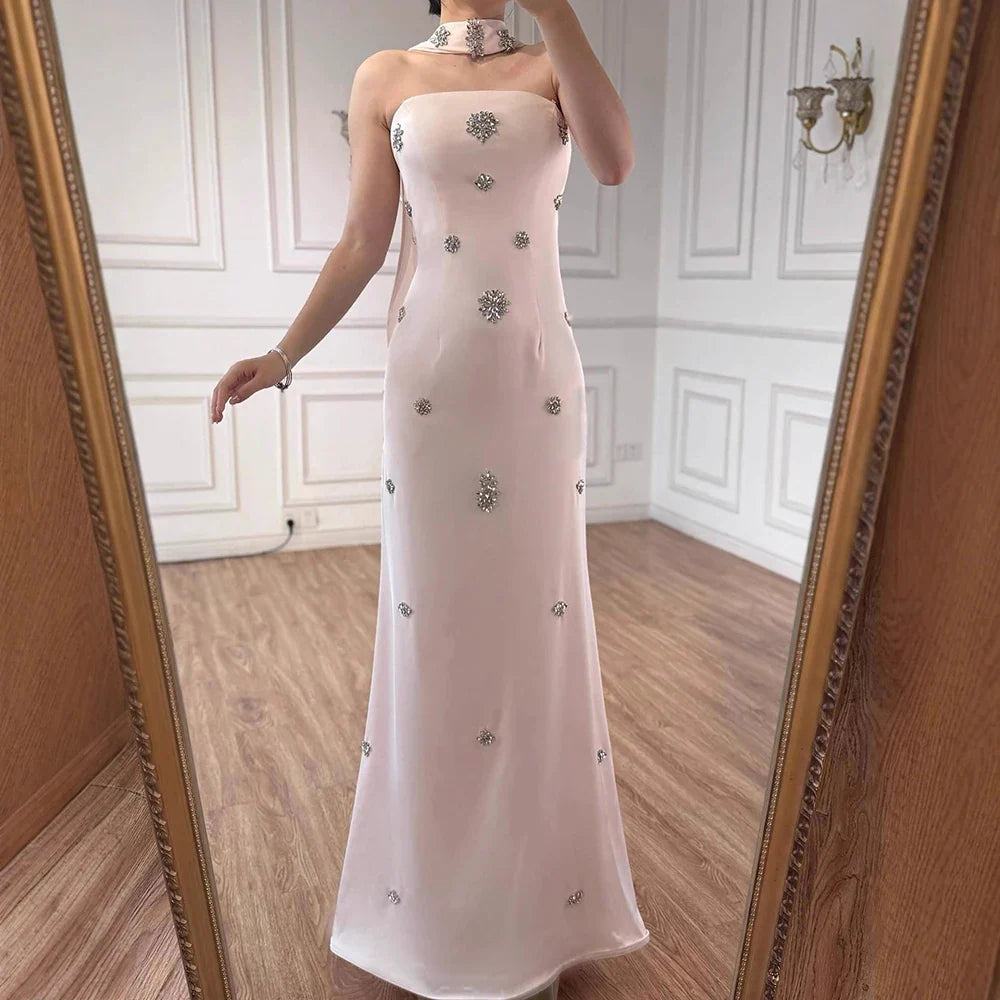 Arabic Simple Beaded Mermaid Strapless Evening Dress With Scarf Women Occasion Gown CLA73100