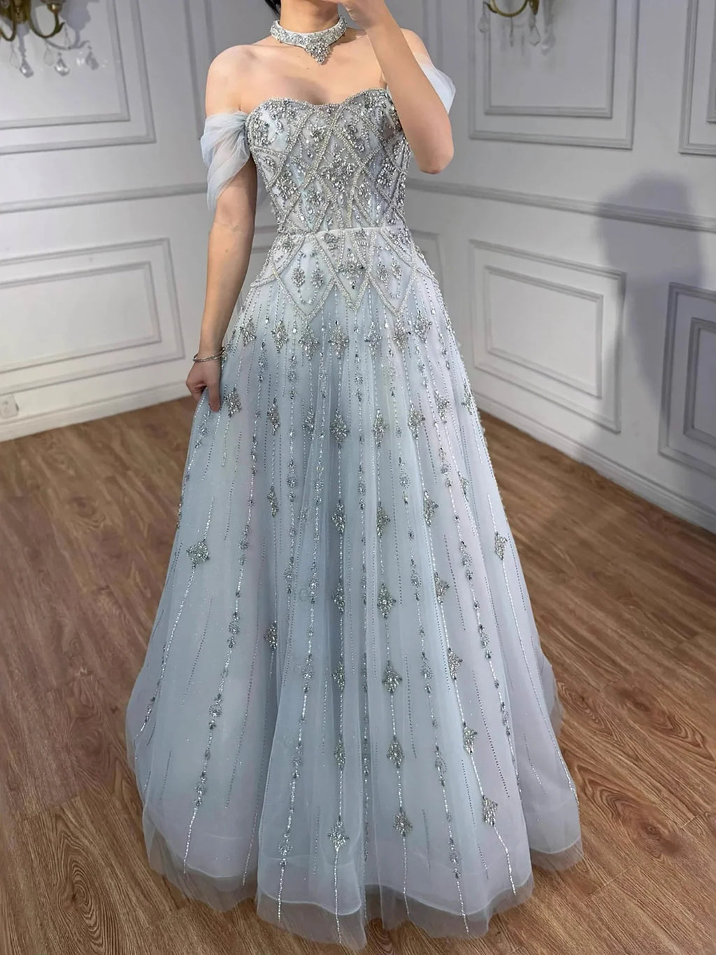 Luxury Gray Blue A-Line Dreamy Beaded Puffy Evening Dress With Necklace CLA73397