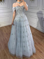 Luxury Gray Blue A-Line Dreamy Beaded Puffy Evening Dress With Necklace CLA73397