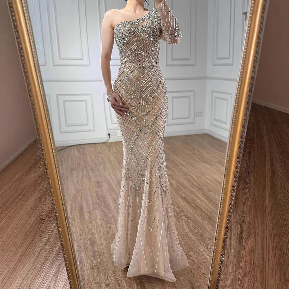 Luxury Nude One Shoulder Long Sleeve Beaded Evening Dress CLA73180