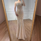 Luxury Nude One Shoulder Long Sleeve Beaded Evening Dress CLA73180