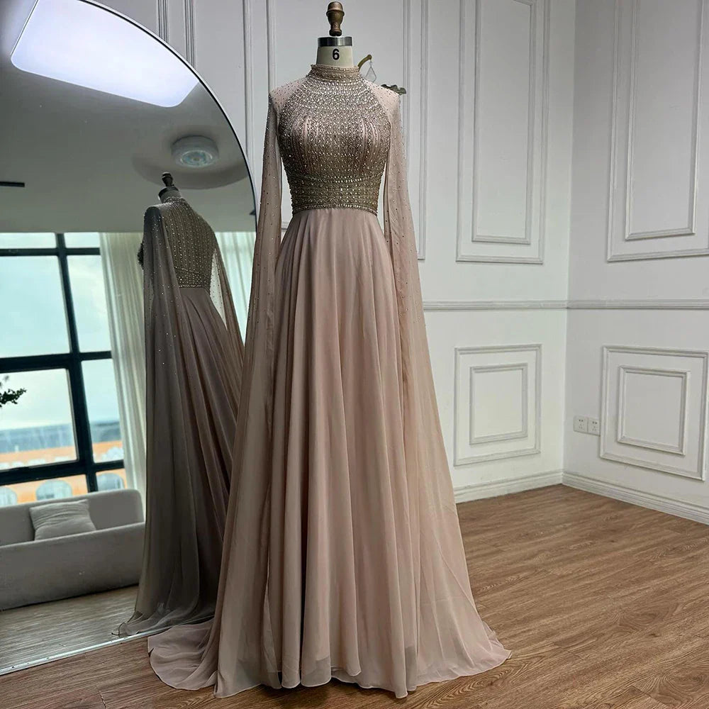 Luxury Nude Chiffon Beaded Evening Dress with Cape LA73144